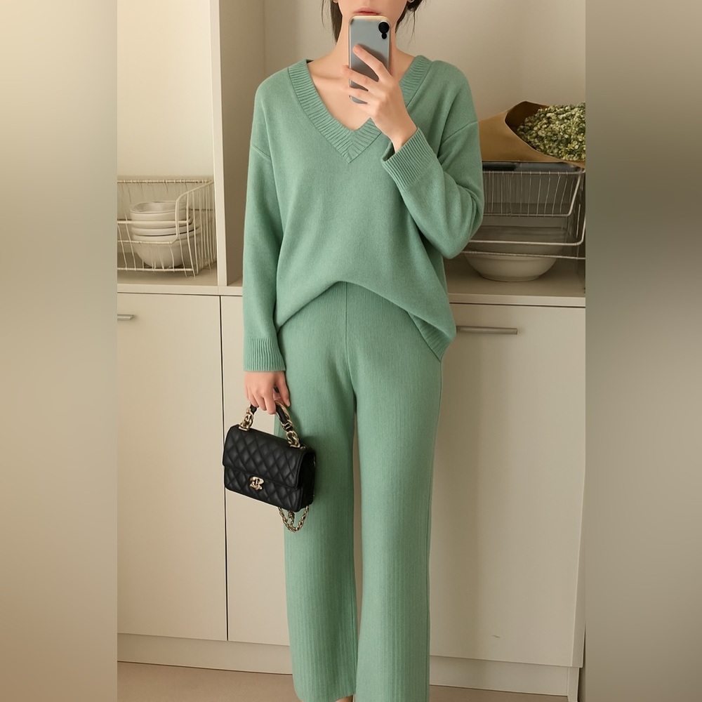 50% Cashmere-Blend Ribbed Knit Set | Oversized V-Neck Top & Pants | New